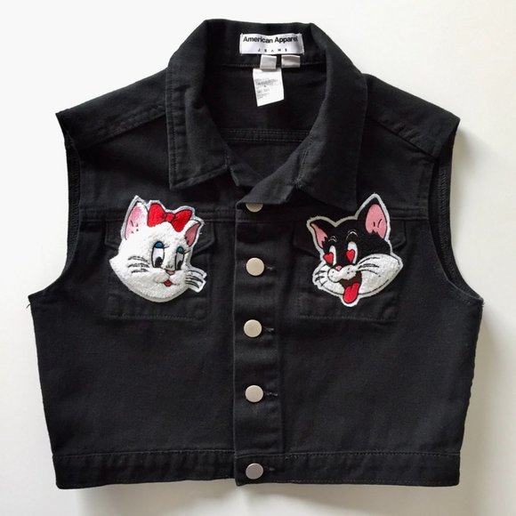 Cats in Love - Cropped Denim Vest - Embroidered Patches - XS - Picture 1 of 9